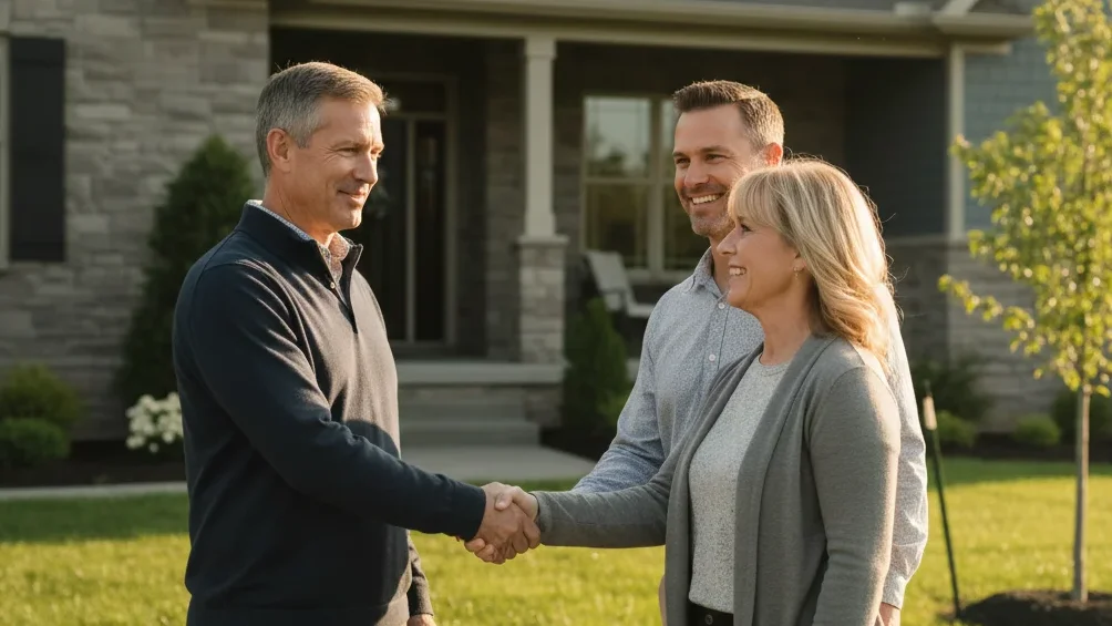authentic client testimonial moment — grateful, proud expressions, homeowner couple shaking hands with builder outside a finished custom home