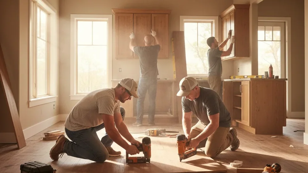 detailed view of craftspeople working on custom home interior — content, engaged expressions, professionals installing hardwood floors and cabinetry