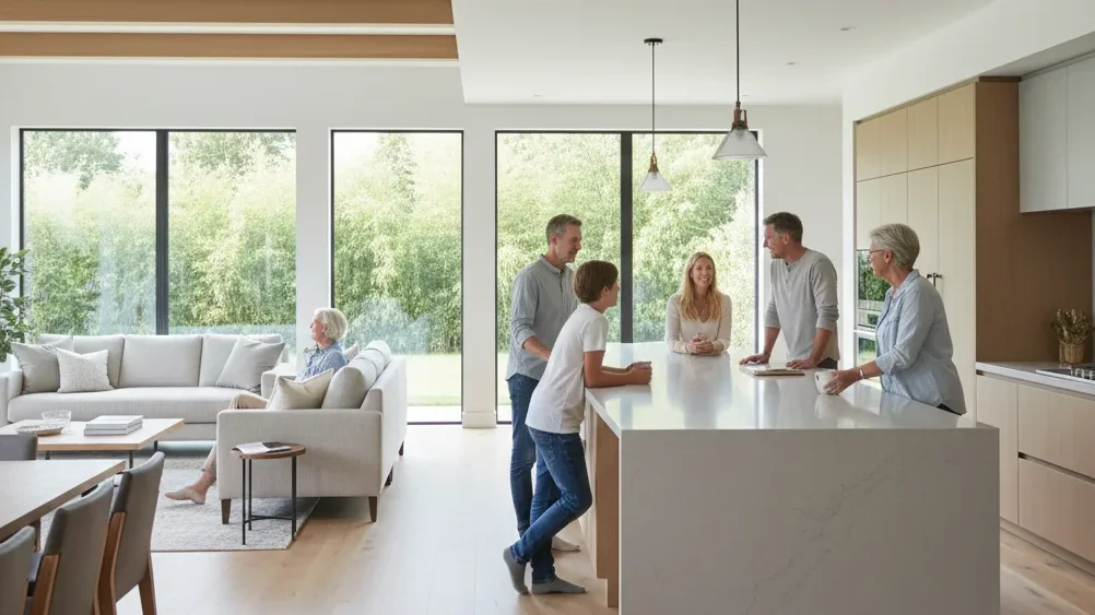 open concept kitchen and living area — relaxed, satisfied family conversing, subtle joy, family gathered around a kitchen island, styled as photorealistic, set in a sleek