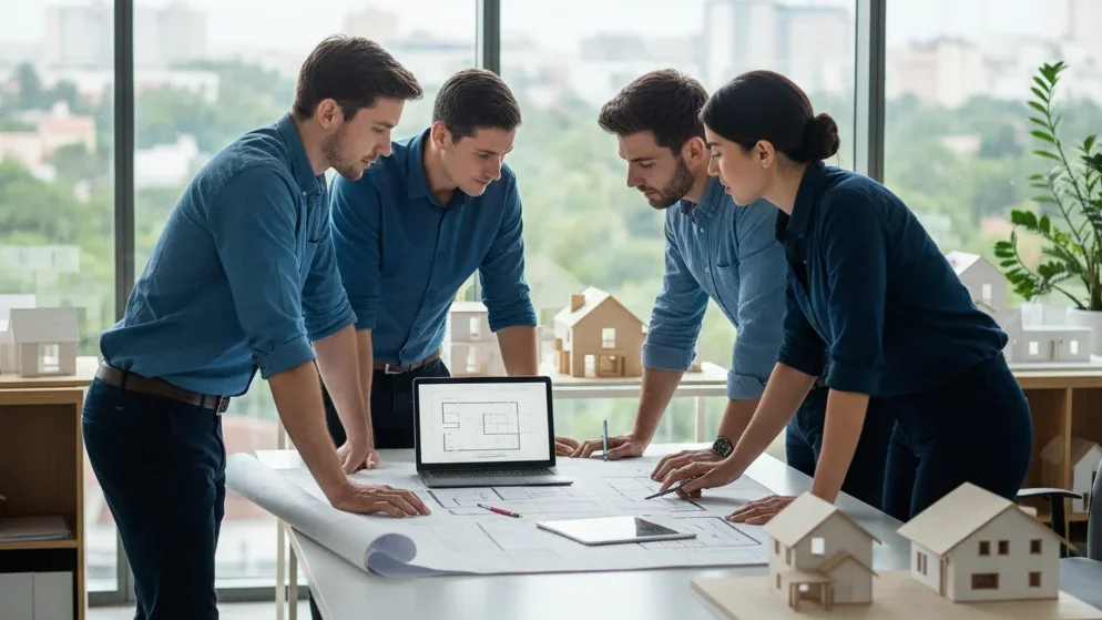 professional architectural team at work — focused, collaborative expressions, architects discussing blueprints around a modern desk