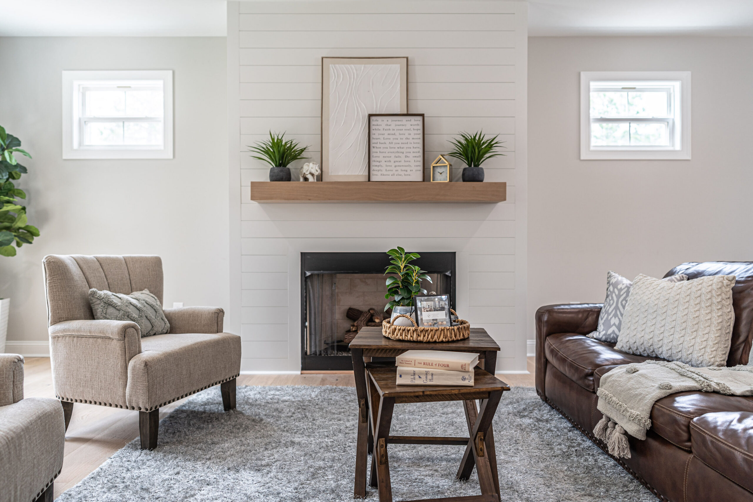 11. gas log fireplace with shiplap surround