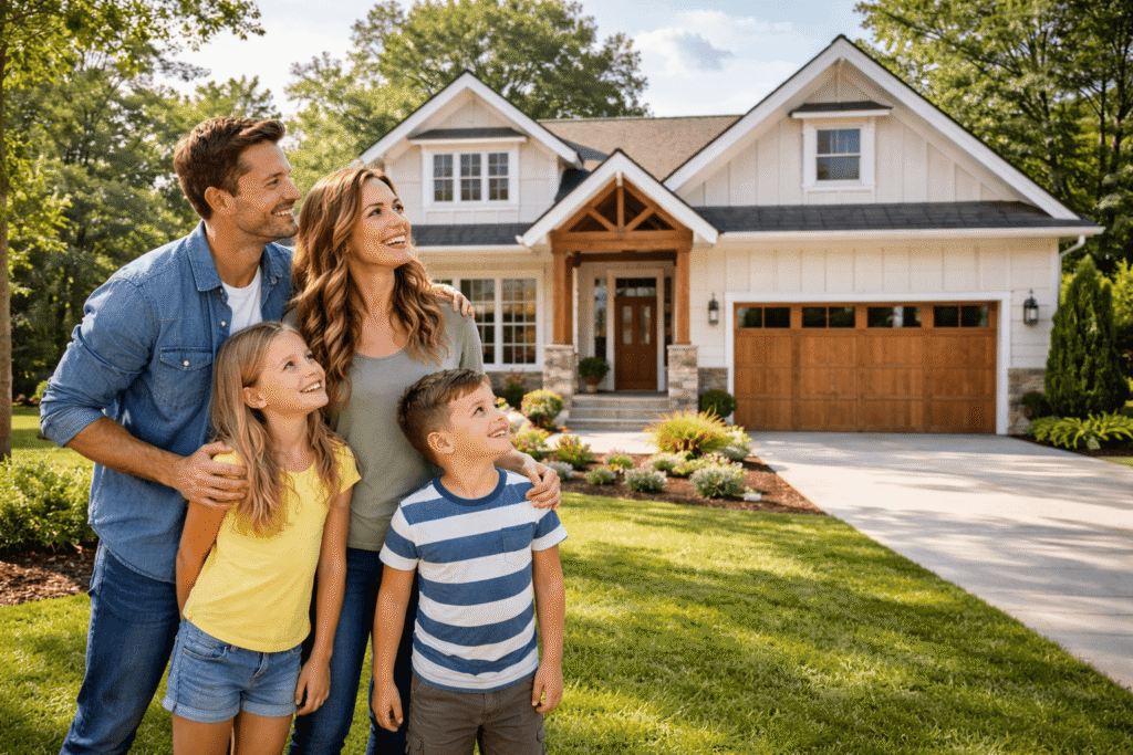 custom home exterior by j. cheek builders llc in north carolina, joyful family on green lawn, modern craftsman style house, photorealistic, moore county