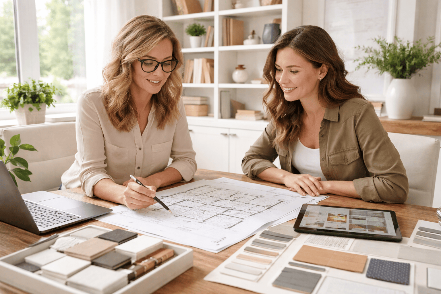design consultation with j. cheek builders llc in cameron nc, client reviewing floor plans and material samples, modern home office
