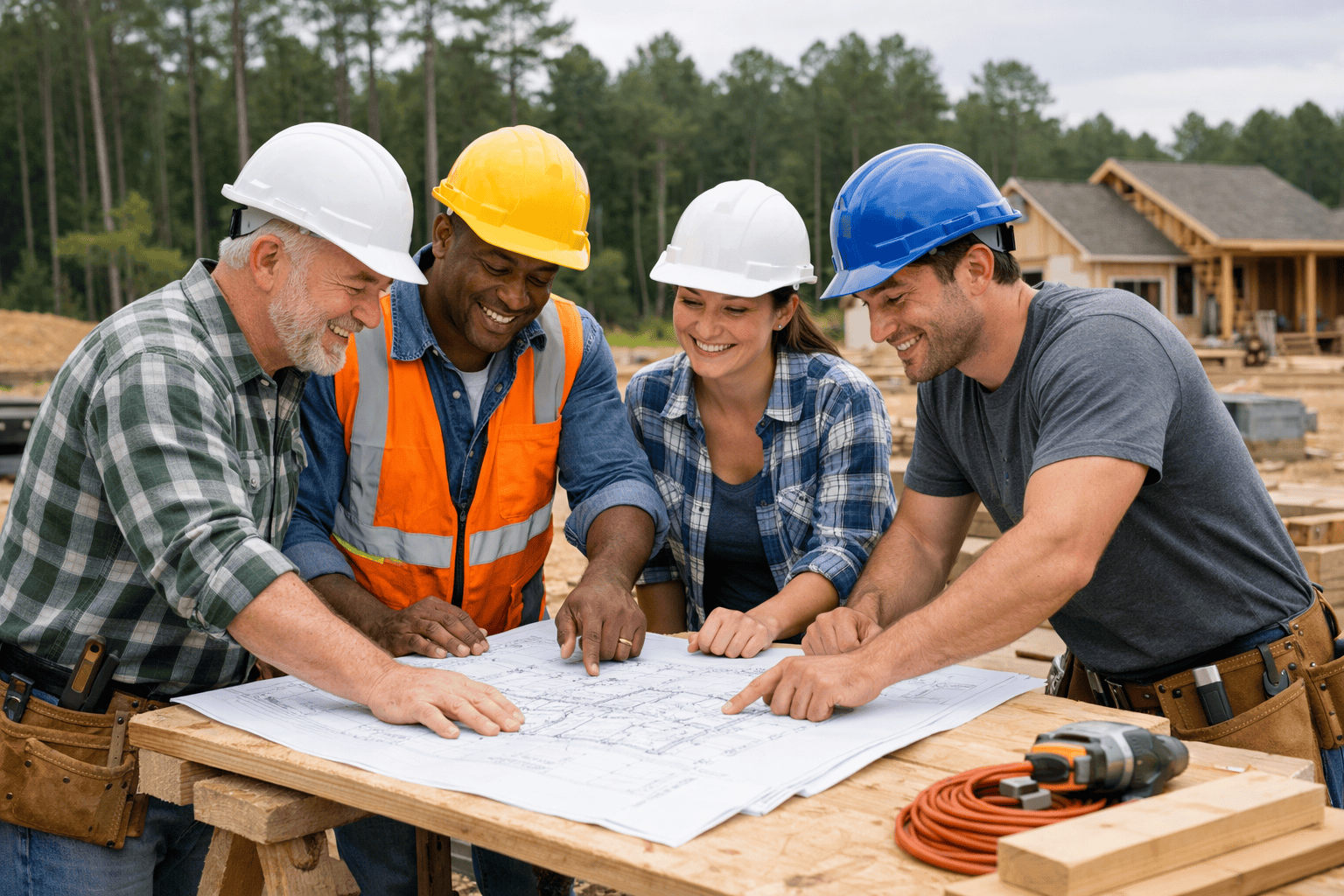 j. cheek builders llc builder team working on a custom home in moore county, nc, photorealistic, safety helmets, blueprints