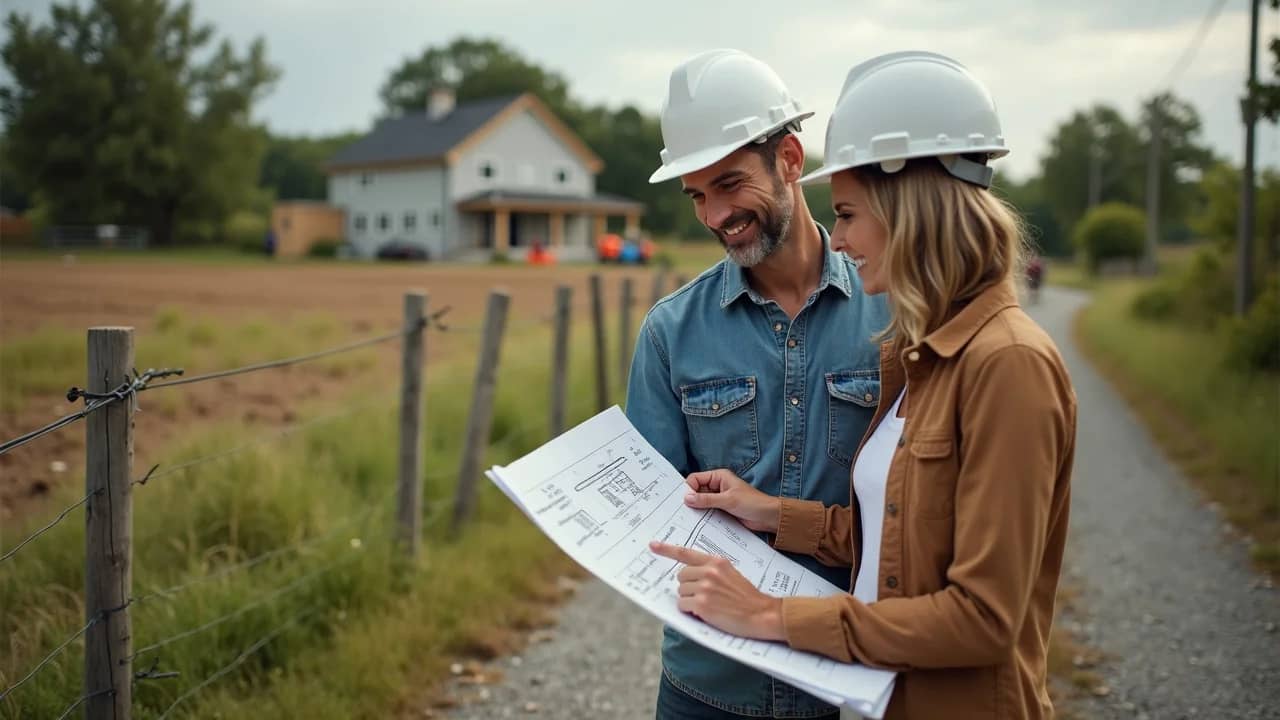 Moore County rural home site with clear utility markers and utility workers, illustrating critical utility access for land purchases