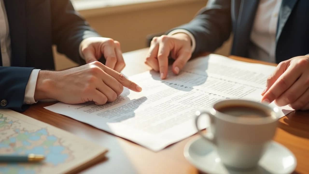 Official land title documents with confident real estate professionals reviewing and pointing to key sections, showing the importance of title search and deed clarity in Moore County