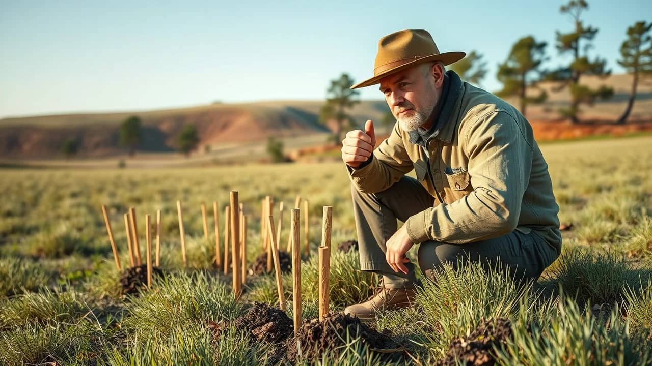 Open Moore County field with land survey stakes and a surveyor assessing soil and topography for a dream home project
