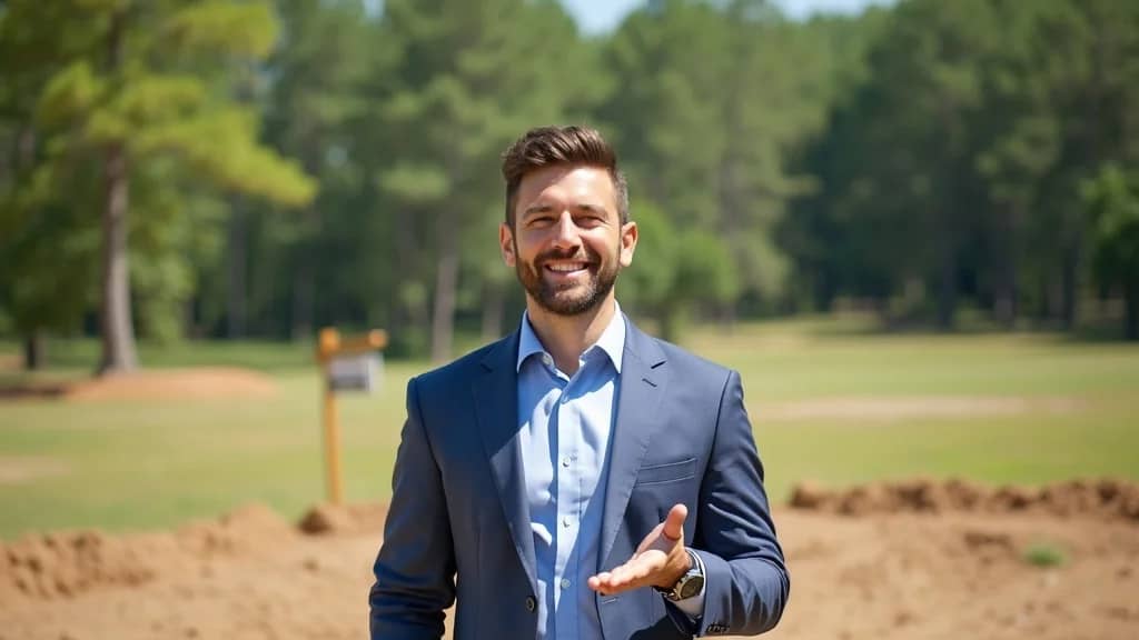 Welcoming real estate agent on a Moore County lot, highlighting professional support when buying land and the importance of expert guidance